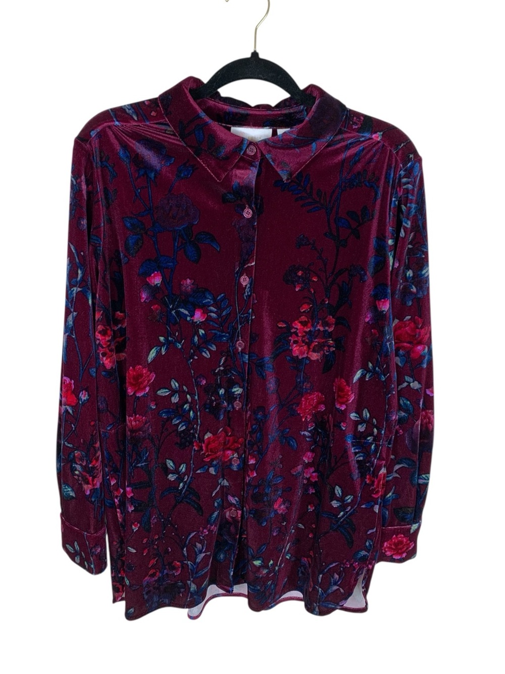 Women's Belle Kim Gravel Purple Floral Velour Long Sleeve Button Up Shirt Size L